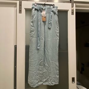 Light blue paper bag waist wide leg pants
